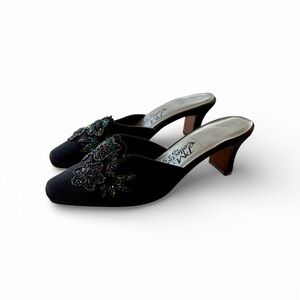 Vintage Black Evening Mule Slippers, Beaded Floral Design, Size 6.5